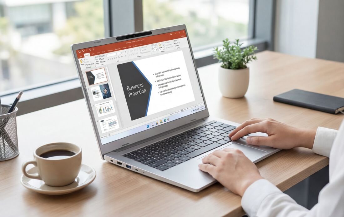 Osoba korzysta z laptopa, na ekranie którego wyświetlana jest prezentacja zatytułowana \'Business Production\'. Obok laptopa stoi filiżanka kawy na drewnianym biurku.