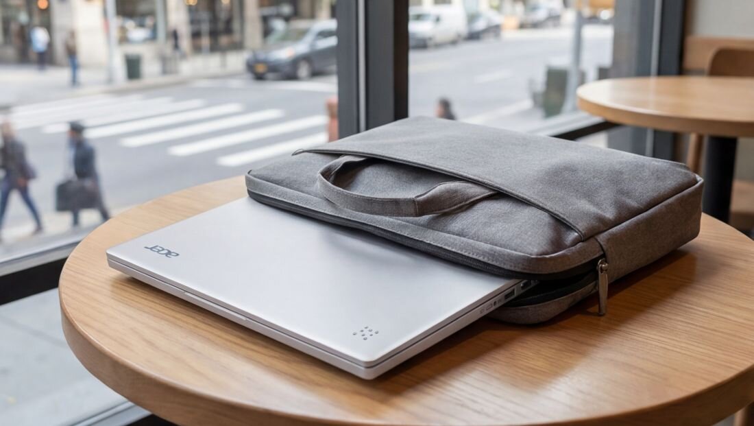 Na okrągłym drewnianym stole przy oknie leży szary laptop z widocznym logo \'ACER\', częściowo wsunięty do szarej torby. W tle widać ulicę z przejeżdżającymi samochodami i chodnikiem.