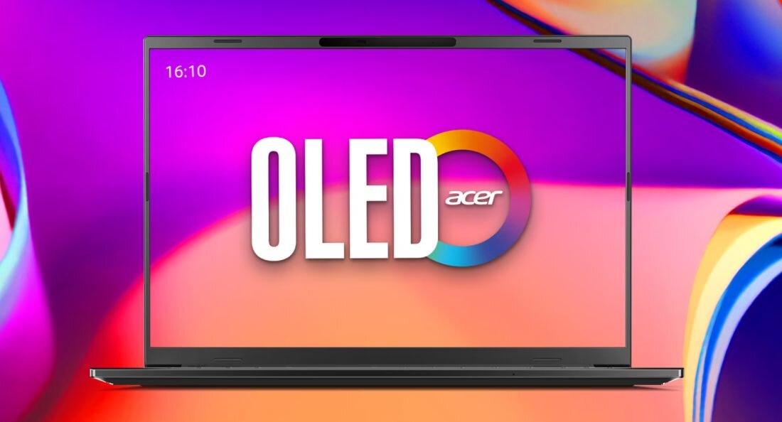 Na ekranie laptopa widoczny jest napis \'OLED acer\' na kolorowym tle. W lewym górnym rogu ekranu znajduje się godzina 16:10.