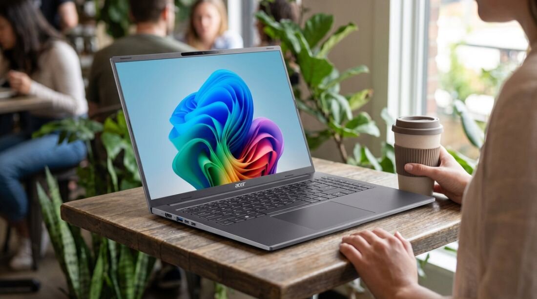 Osoba korzysta z laptopa Acer przy stoliku w kawiarni podczas mobilnej pracy i codziennego użytkowania biznesowego.