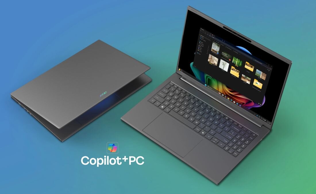 Laptop Acer Copilot+ PC prezentuje otwartą i zamkniętą obudowę na gradientowym tle podczas pracy biurowej.