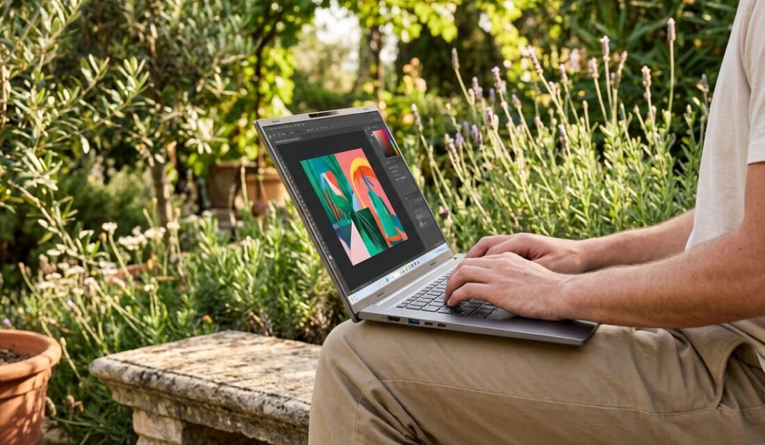 Osoba tworzy grafikę na laptopie Acer Copilot+ PC podczas pracy kreatywnej w ogrodzie i mobilnym biurze.
