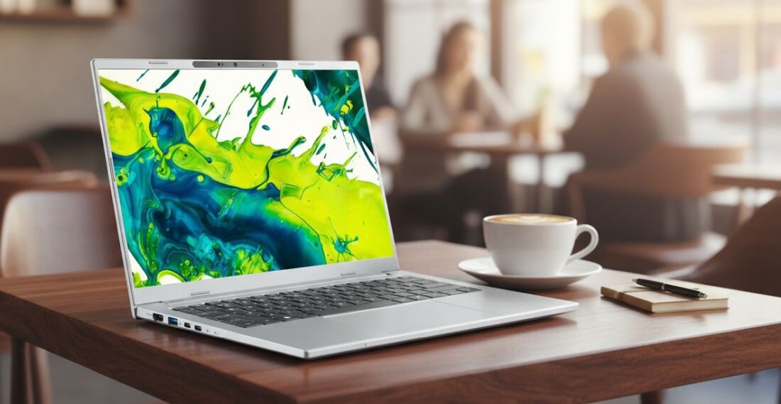 Na drewnianym stole stoi otwarty laptop z kolorowym, abstrakcyjnym wzorem na ekranie. Obok laptopa znajduje się filiżanka kawy i notatnik z długopisem.