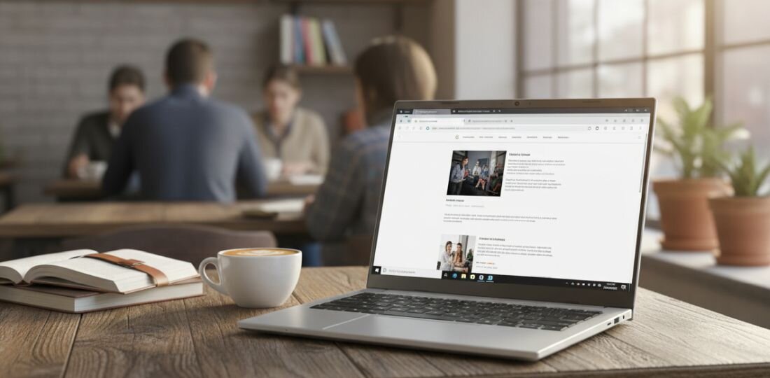 Na drewnianym stole stoi otwarty laptop z wyświetlonym oknem przeglądarki internetowej. W tle widać rozmyte sylwetki osób siedzących przy innym stole oraz półkę z książkami.