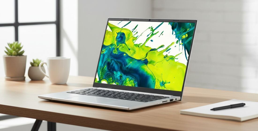 Na drewnianym biurku stoi otwarty laptop z wyświetlaczem pokazującym abstrakcyjną grafikę w kolorach zielonym i niebieskim. Obok laptopa znajdują się biała filiżanka, czarny długopis i małe rośliny w doniczkach.