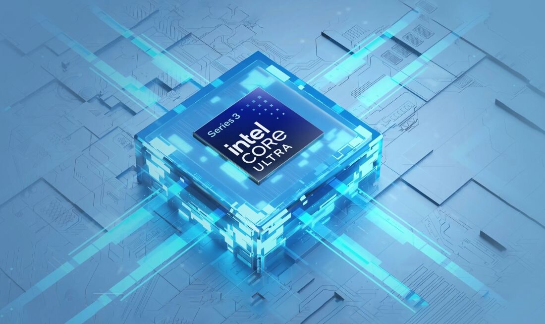 Obraz przedstawia niebieski procesor z napisem \'Series 3 intel CORE ULTRA\' na tle schematycznego układu elektronicznego.