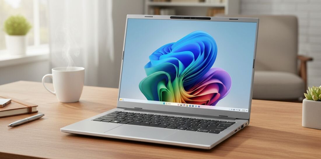 Na drewnianym biurku stoi otwarty laptop z kolorową grafiką na ekranie. W tle widać rozmyty obraz wnętrza z filiżanką parującego napoju.