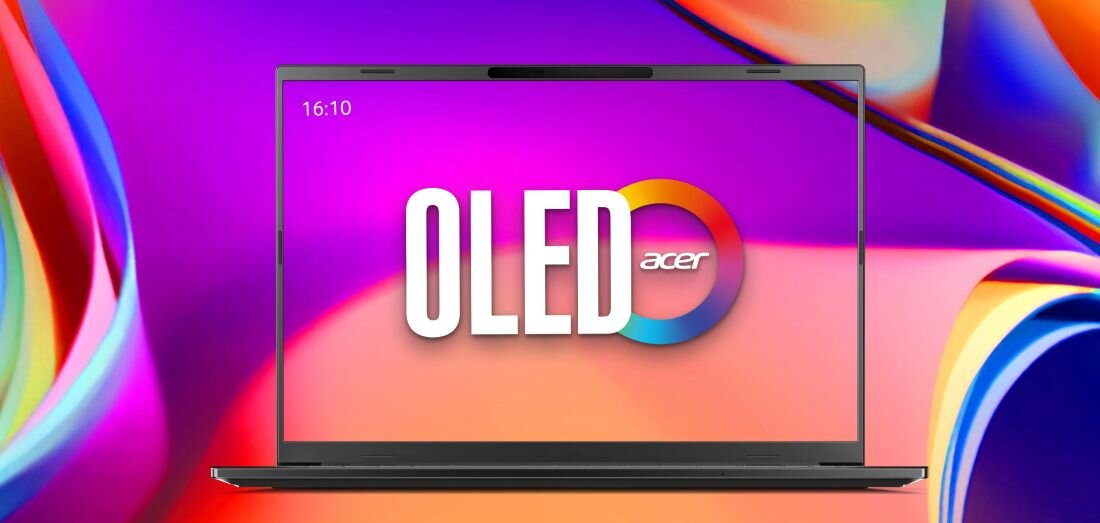 Na ekranie laptopa wyświetlone jest logo \'OLED acer\' na kolorowym tle. W lewym górnym rogu ekranu widoczna jest godzina 16:10.