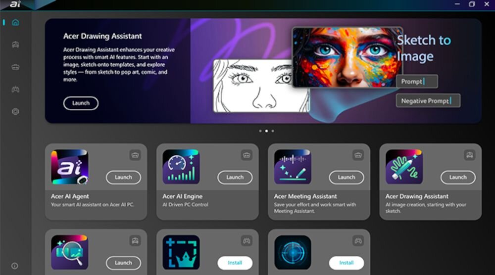 Interfejs użytkownika z aplikacjami Acer AI, w tym Acer Drawing Assistant, Acer AI Agent, Acer AI Engine i Acer Meeting Assistant. Widoczne są przyciski \'Launch\' i \'Install\' oraz grafika przedstawiająca twarz i kolorowy obrazek z napisem \'Sketch to Image\'.