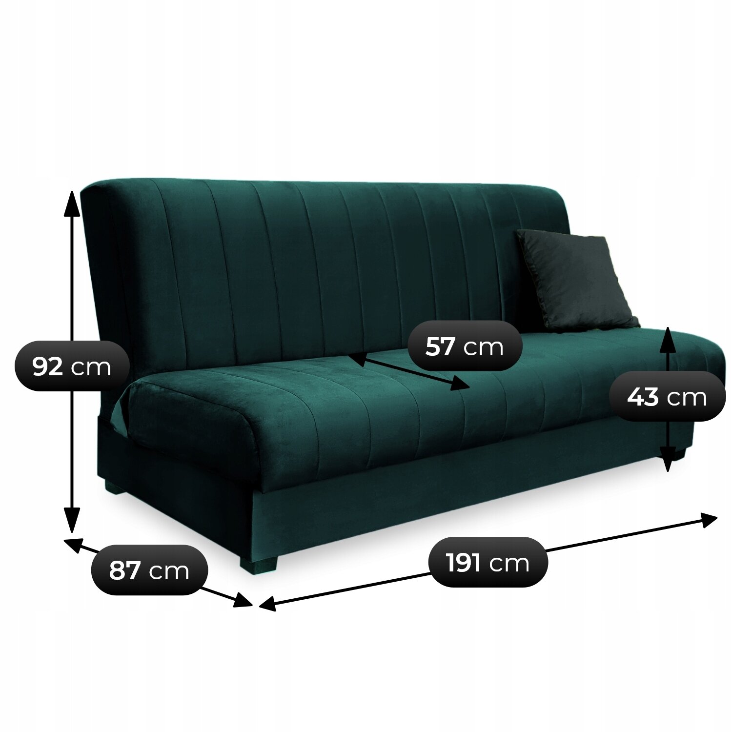 Zielona kanapa z funkcją spania, z poduszką, o wymiarach: wysokość 92 cm, głębokość siedziska 57 cm, wysokość siedziska 43 cm, szerokość 87 cm, długość 191 cm.