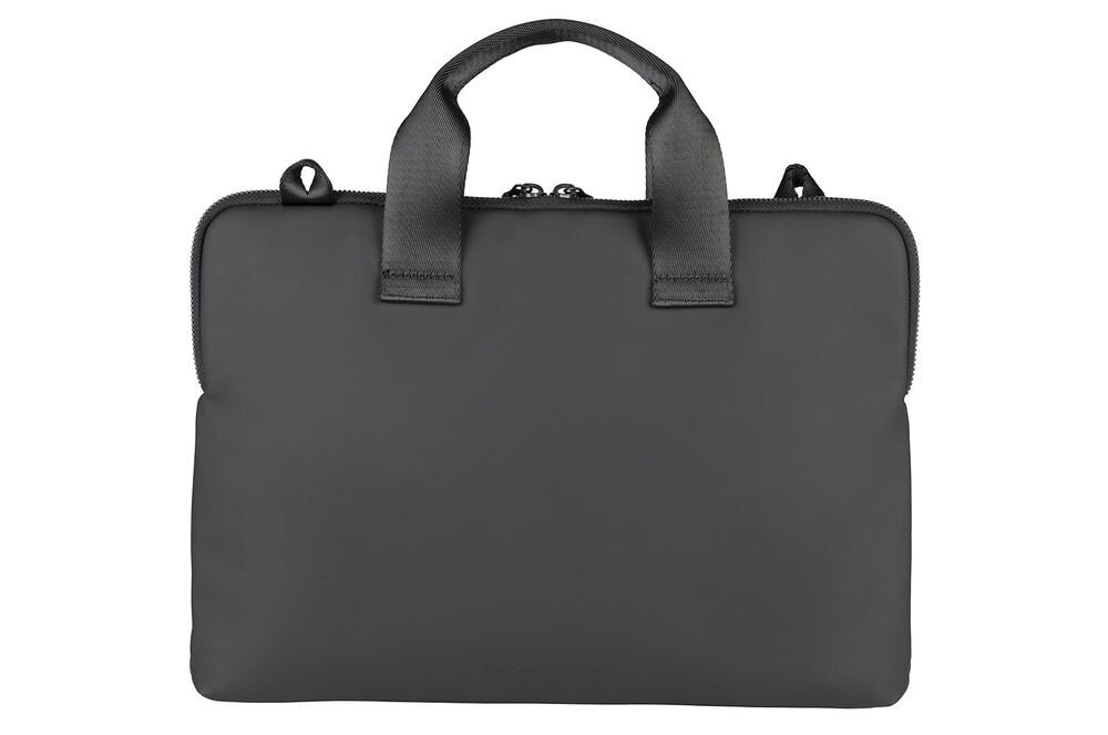 Czarne etui na laptopa z dwoma uchwytami i zamkiem błyskawicznym na górze. Produkt ma gładką powierzchnię i prostokątny kształt.