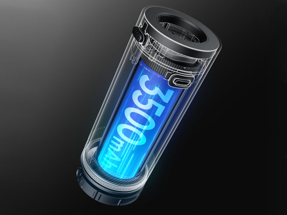 Obraz przedstawia przezroczysty cylinder z widocznym niebieskim wnętrzem, na którym widnieje napis \'3500 mAh\'. Cylinder ma metaliczne elementy na końcach i znajduje się na ciemnym tle.