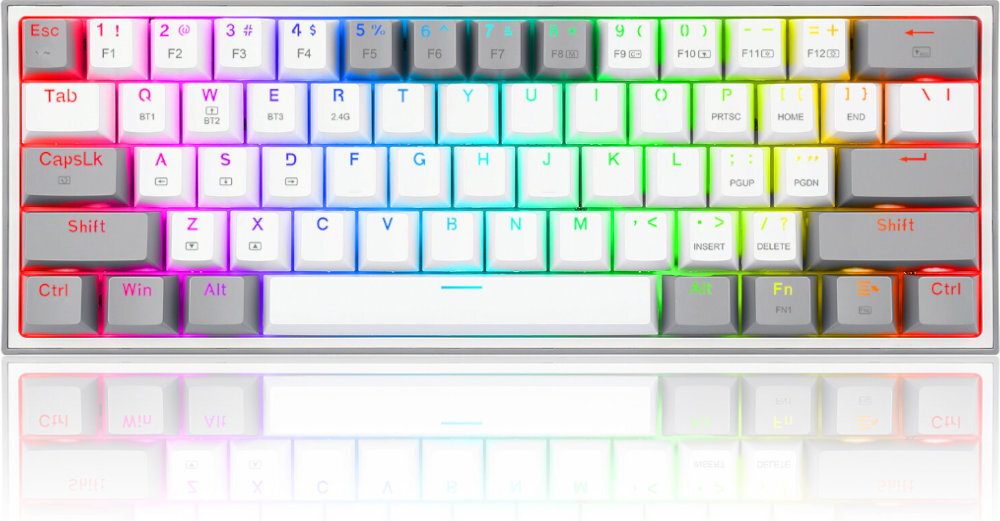 Klawiatura mechaniczna z podświetleniem RGB, posiada klawisze w kolorze białym i szarym. Widoczne są oznaczenia klawiszy, takie jak \'Esc\', \'Tab\', \'CapsLk\', \'Shift\', \'Ctrl\', \'Win\', \'Alt\', \'Fn\'.