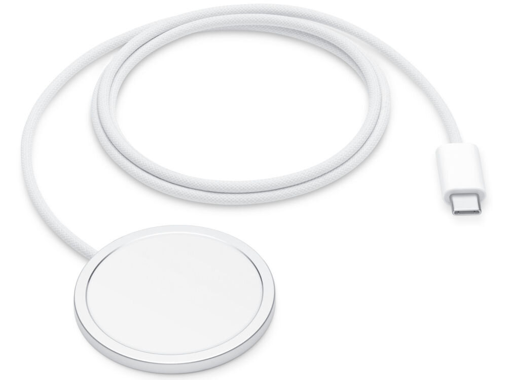 Na obrazie widoczna jest biała ładowarka indukcyjna z okrągłą powierzchnią i przewodem zakończonym złączem USB-C.