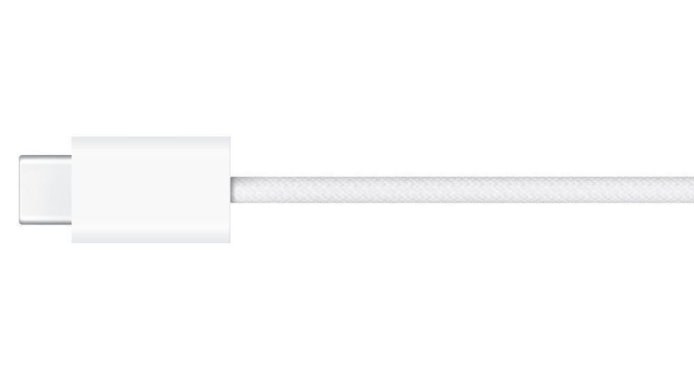 Obraz przedstawia biały kabel z końcówką USB-C. Kabel ma teksturowaną powierzchnię.