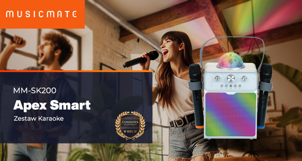 Obraz przedstawia zestaw karaoke z dwoma mikrofonami i kolorowym głośnikiem LED. Na grafice widnieje tekst: \'MUSICMATE MM-SK200 Apex Smart Zestaw Karaoke\'.