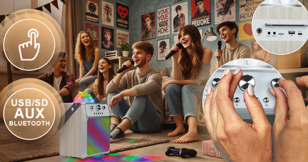 Grupa młodych ludzi siedzi na podłodze w pokoju, śpiewając do mikrofonów i korzystając z głośnika karaoke z kolorowymi światłami LED. Na obrazie widoczne są także ikony z napisami \'USB/SD AUX BLUETOOTH\' oraz zbliżenie na panel sterowania głośnika.