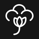 Biały symbol bawełny na czarnym tle, przedstawiający stylizowany kwiat z trzema płatkami i łodygą.