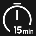 Ikona przedstawia biały symbol zegara z napisem \'15 min\' na czarnym tle.