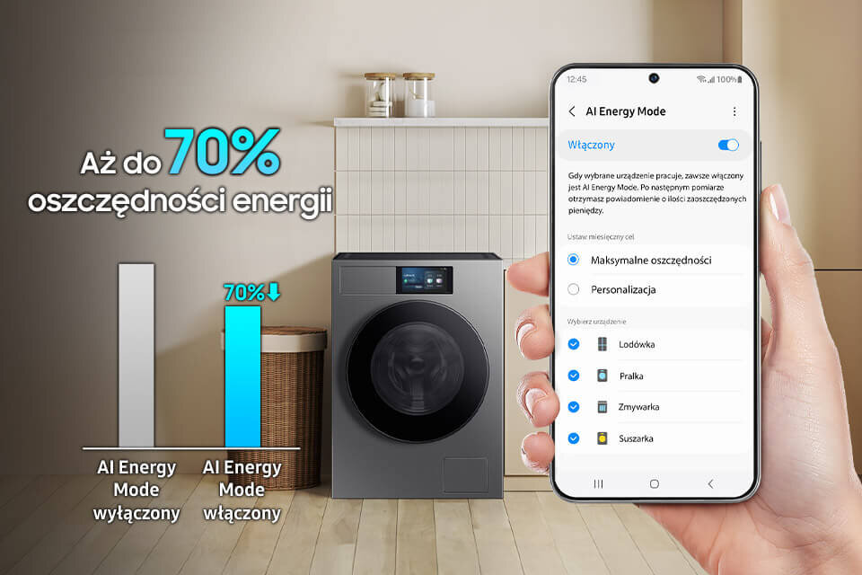 Obraz przedstawia pralkę z ekranem oraz dłoń trzymającą smartfon z włączonym trybem \'AI Energy Mode\'. Na obrazie widoczny jest tekst: \'Aż do 70% oszczędności energii\', \'AI Energy Mode wyłączony\', \'AI Energy Mode włączony\'.