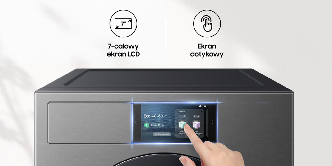 Obraz przedstawia pralkę z widocznym 7-calowym ekranem LCD, na którym wyświetlane są opcje prania. Obok ekranu znajduje się ikona dotykowa z napisem \'Ekran dotykowy\'.