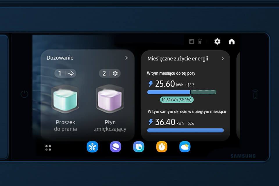 Ekran pralki pokazuje opcje dozowania proszku do prania i płynu zmiękczającego oraz miesięczne zużycie energii: 25.60 kWh w tym miesiącu i 36.40 kWh w ubiegłym miesiącu. Widoczne są ikony ustawień i aplikacji, a na dole ekranu logo Samsung.