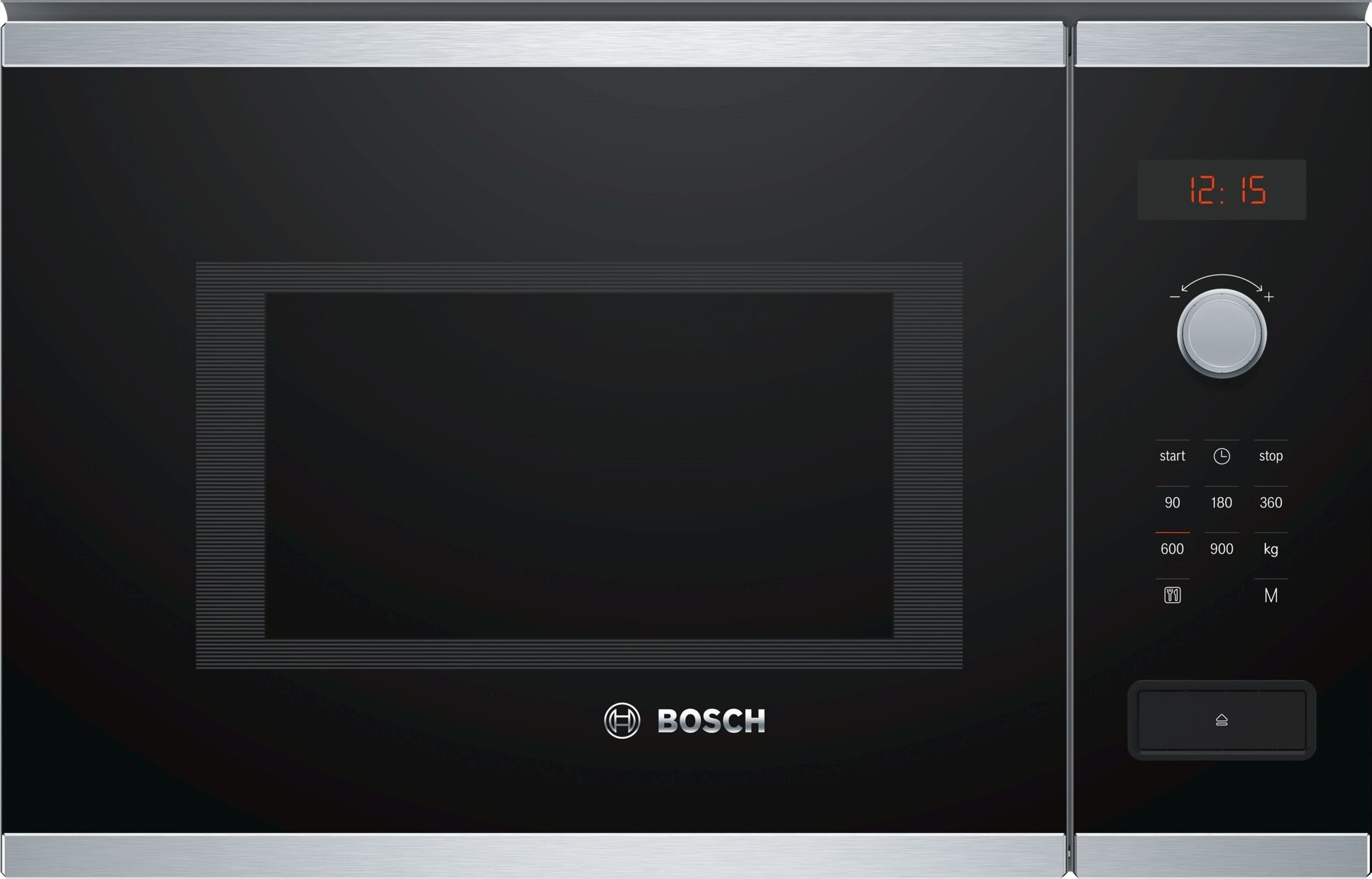 Czarna kuchenka mikrofalowa z panelem sterowania po prawej stronie, wyświetlaczem pokazującym godzinę 12:15 i logo BOSCH na drzwiach.