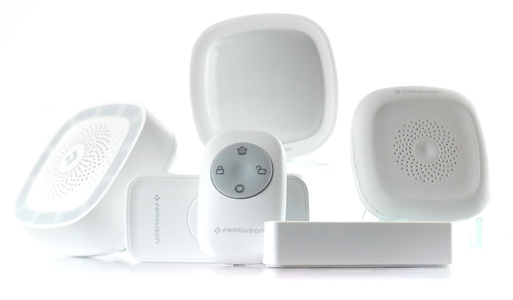 Zestaw czujników FERGUSON Smart Home Security Kit Wi-Fi, ZigBee zestaw startowy centrala Smart Hub czujka otwarcia/zamkniecia czujka temperatury i wilgotnosci czujka ruchu dwa piloty zdalnego sterowania
