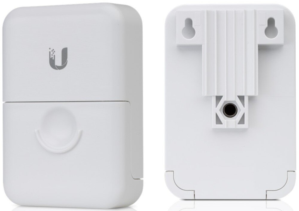 Ochrona antyprzepięciowa UBIQUITI Ethernet Surge Protector ETH-SP-G2 Białe urządzenie przeciwprzepięciowe widziane z przodu oraz z tyłu, ukazujące logo Ubiquiti na froncie oraz otwory montażowe na tylnej ściance