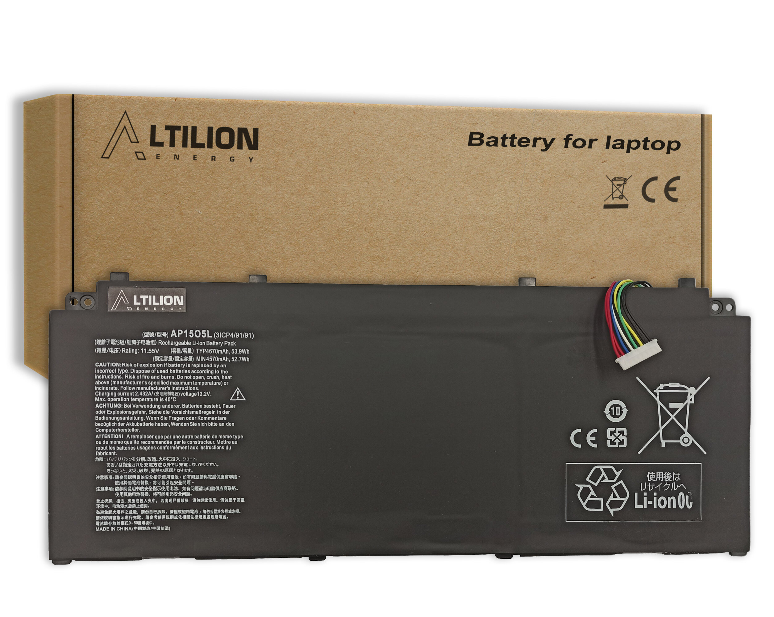 Na obrazie widoczna jest bateria Altilion Energy AP15O5L z oznaczeniami CE i symbolem recyklingu, umieszczona przed kartonowym opakowaniem z napisem \'Battery for laptop\'.