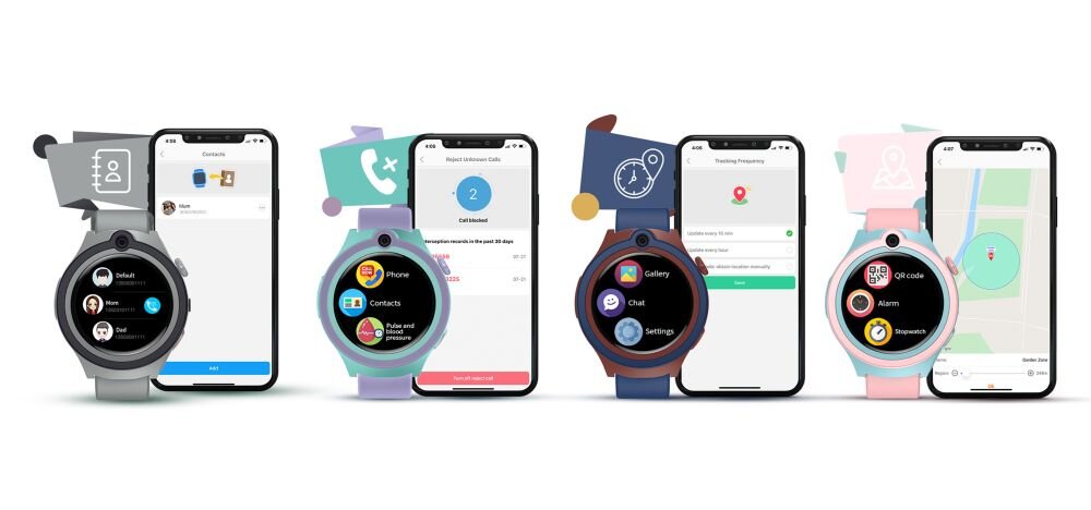 Cztery smartwatche z różnymi kolorami pasków i tarczami wyświetlającymi różne aplikacje, obok nich widoczne są smartfony z ekranami pokazującymi interfejsy aplikacji. Na ekranach smartwatchy widać ikony aplikacji takich jak \'Phone\', \'Gallery\', \'QR Code\' oraz \'Contacts\'.