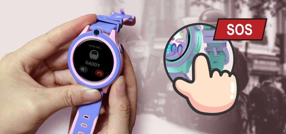 Osoba trzyma różowy smartwatch z niebieskim paskiem, na ekranie widoczny jest napis \'DADDY\'. Obok znajduje się ilustracja palca wskazującego na przycisk z napisem \'SOS\'.