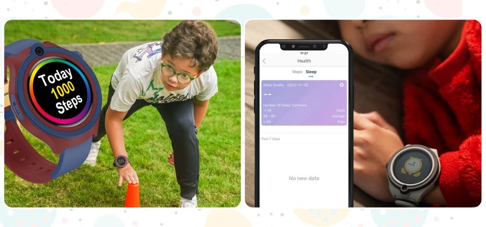 Obraz przedstawia dziecko z zegarkiem na ręku, obok widoczny jest smartwatch z wyświetlaczem pokazującym \'Today 1000 Steps\'. Po prawej stronie znajduje się telefon z aplikacją pokazującą dane dotyczące kroków i snu.
