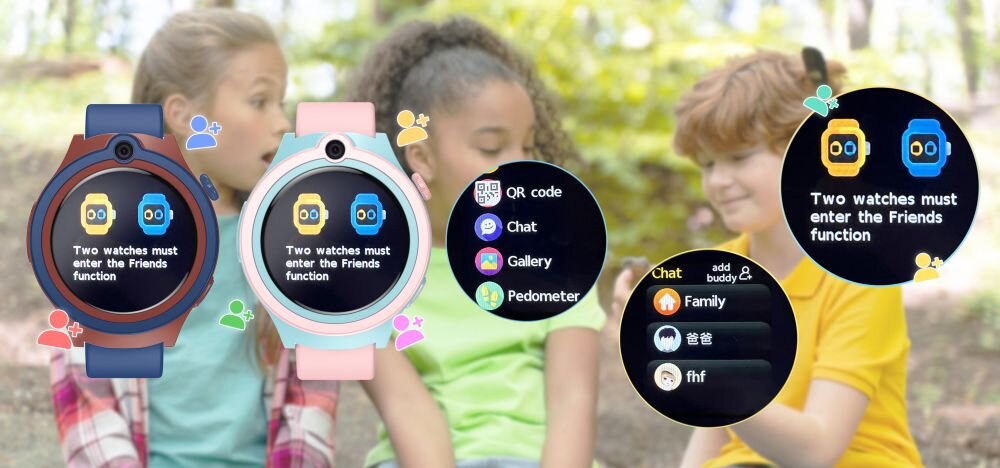 Na obrazie widoczne są trzy smartwatche z wyświetlonymi ekranami, na których znajduje się tekst: \'Two watches must enter the Friends function\'. W tle znajdują się dzieci siedzące na trawie.