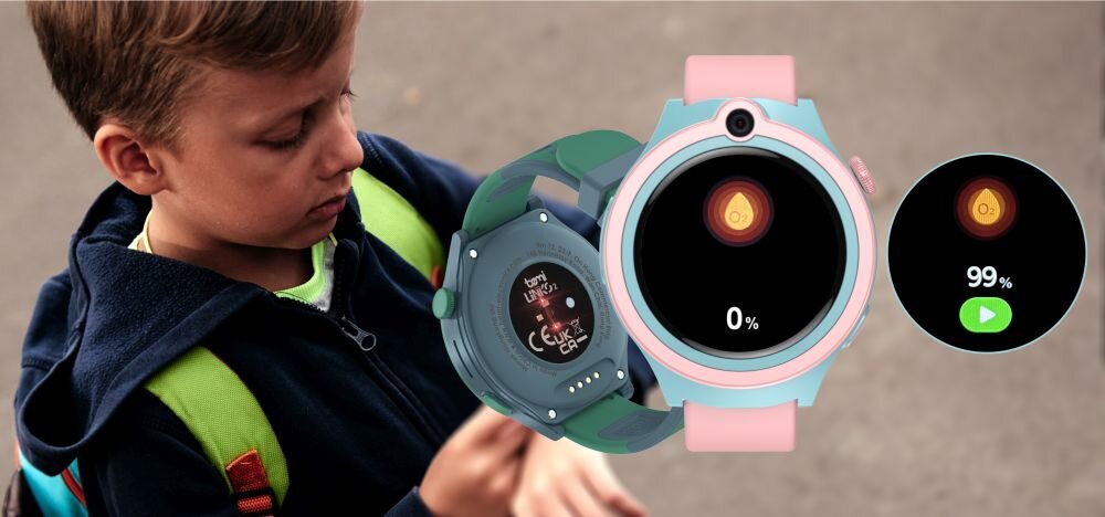Na obrazie widoczny jest smartwatch z różowym paskiem i okrągłym wyświetlaczem, na którym pokazany jest symbol kropli z napisem \'0%\'. Obok znajduje się inny wyświetlacz z tym samym symbolem i napisem \'99%\'.