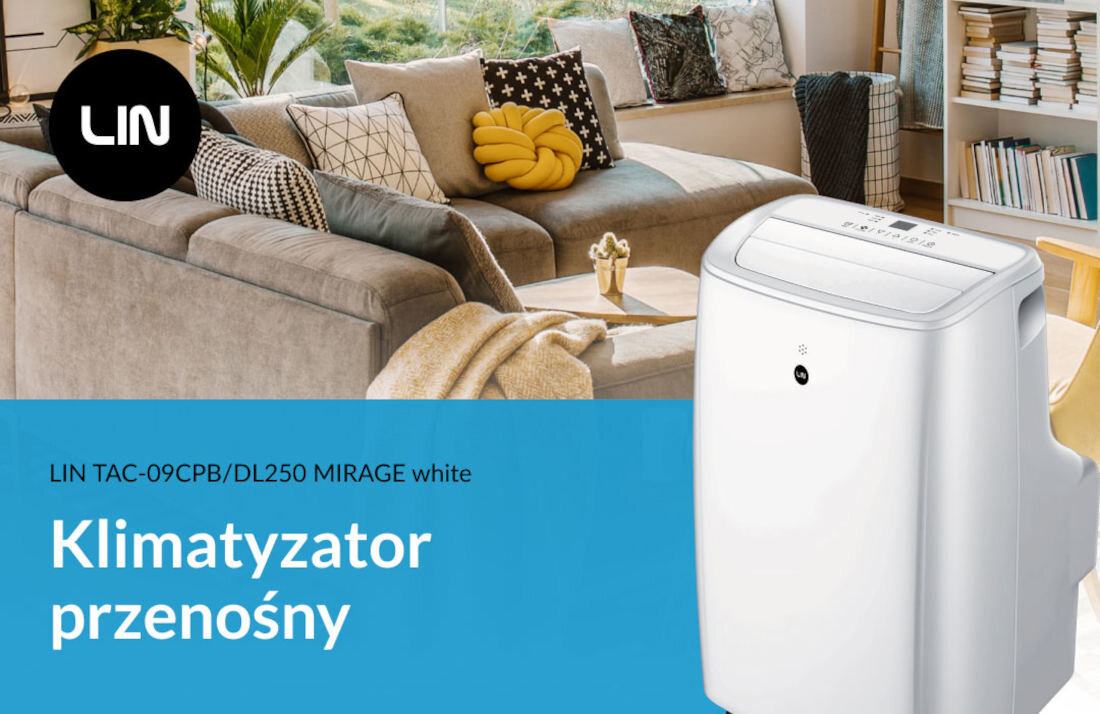 Obraz przedstawia biały klimatyzator przenośny na tle salonu z szarymi kanapami i poduszkami. Widoczny jest tekst: \'LIN TAC-09CPB/DL250 MIRAGE white Klimatyzator przenośny\'.