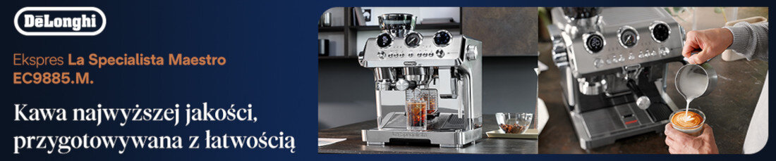 Obraz przedstawia ekspres do kawy z logo DeLonghi oraz napis \'Ekspres La Specialista Maestro EC9885.M\'. Widoczny jest również tekst: \'Kawa najwyższej jakości, przygotowywana z łatwością\'.