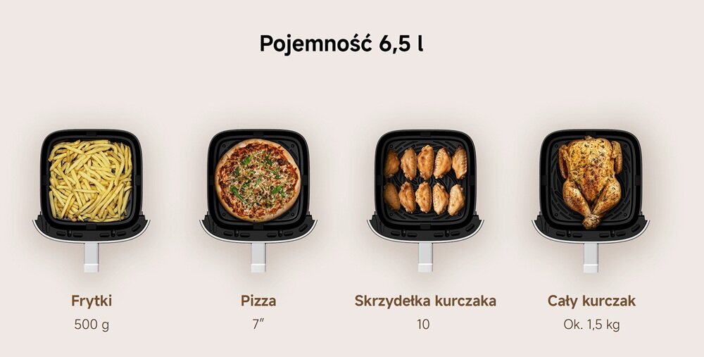 Obraz przedstawia cztery otwarte kosze frytkownicy z różnymi potrawami: frytki (500 g), pizza (7\