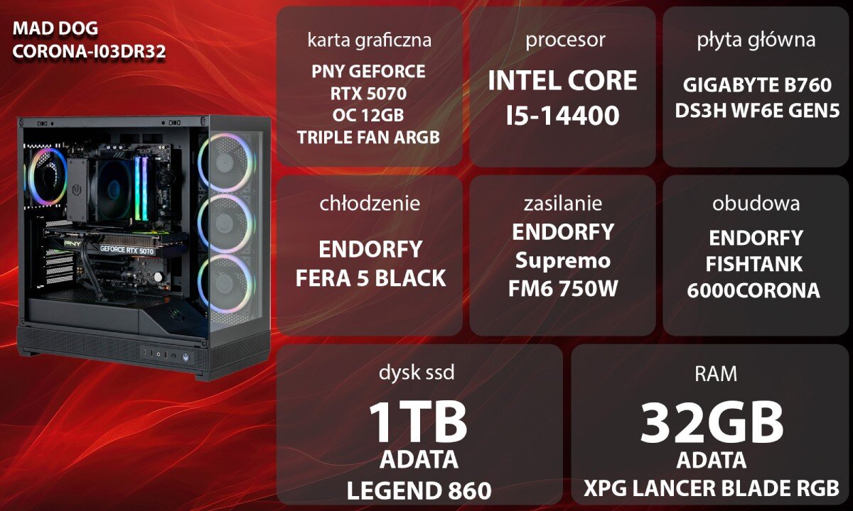 Obraz przedstawia komputer z podświetleniem ARGB oraz specyfikację techniczną: karta graficzna PNY GeForce RTX 5070 OC 12GB, procesor Intel Core i5-14400, płyta główna Gigabyte B760 DS3H WF6E Gen5, chłodzenie Endorfy Fera 5 Black, zasilanie Endorfy Supremo FM6 750W, obudowa Endorfy Fishtank 6000Corona, dysk SSD 1TB Adata Legend 860, RAM 32GB Adata XPG Lancer Blade RGB.