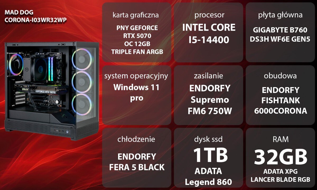 Obraz przedstawia komputer z podświetleniem RGB oraz specyfikację techniczną: karta graficzna PNY GeForce RTX 5070 OC 12GB, procesor Intel Core i5-14400, płyta główna Gigabyte B760 DS3H WF6E Gen5, system operacyjny Windows 11 Pro, zasilanie Endorfy Supremo FM6 750W, obudowa Endorfy Fishtank 6000Corona, chłodzenie Endorfy Fera 5 Black, dysk SSD 1TB ADATA Legend 860, RAM 32GB ADATA XPG Lancer Blade RGB.