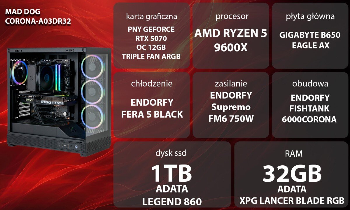 Obraz przedstawia komputer z podświetleniem ARGB oraz specyfikację techniczną: karta graficzna PNY GeForce RTX 5070 OC 12GB, procesor Intel Core i5-14400, płyta główna Gigabyte B760 DS3H WF6E Gen5, chłodzenie Endorfy Fera 5 Black, zasilanie Endorfy Supremo FM6 750W, obudowa Endorfy Fishtank 6000Corona, dysk SSD 1TB Adata Legend 860, RAM 32GB Adata XPG Lancer Blade RGB.