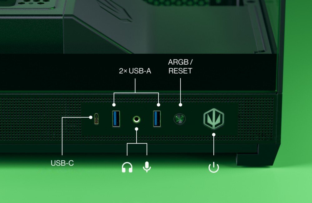 Komputer MAD DOG CORONA-A03WR32WP Dolny panel obudowy komputerowej z widocznymi gniazdami opisanymi jako USB-C, dwa porty USB-A, wejście audio oraz przyciski ARGB/Reset i zasilania, obudowa, wygląd, wentylacja, porty