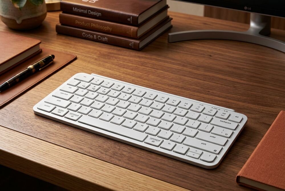 KEYCHRON B1 Pro trzy tryby łączności Mechanizm nożycowy (scissor switch) pełne wsparcie dla ZMK Launcher - klawiatura na jasnej powierzchni