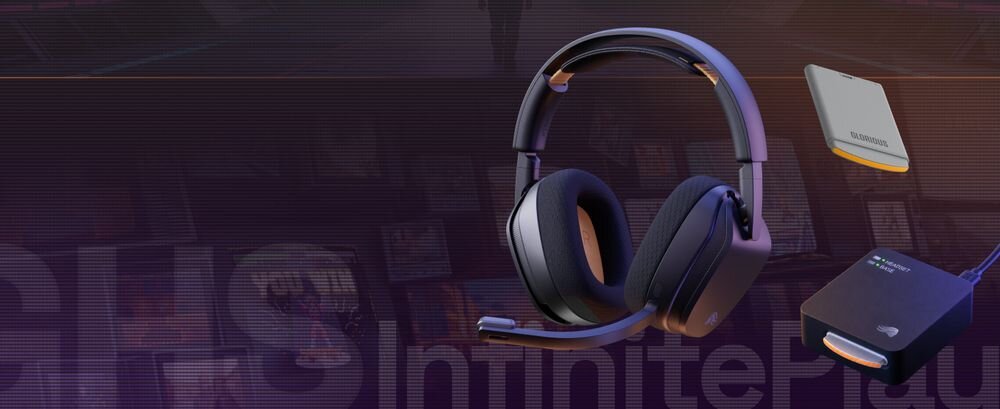 Słuchawki GLORIOUS GHS Infiniteplay Wireless Guardian Battery System dwa akumulatory 85 godzin, słuchawki na ciemnym tle
