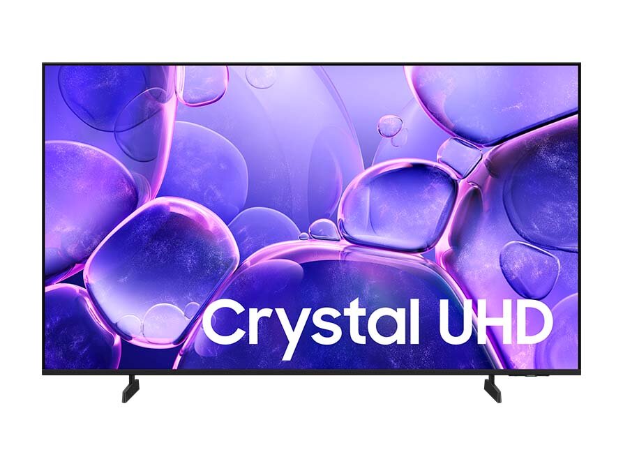 893x668-un58u8000ffxzx Telewizor z wyświetlaczem pokazującym fioletowe bąbelki i napis \'Crystal UHD\'.