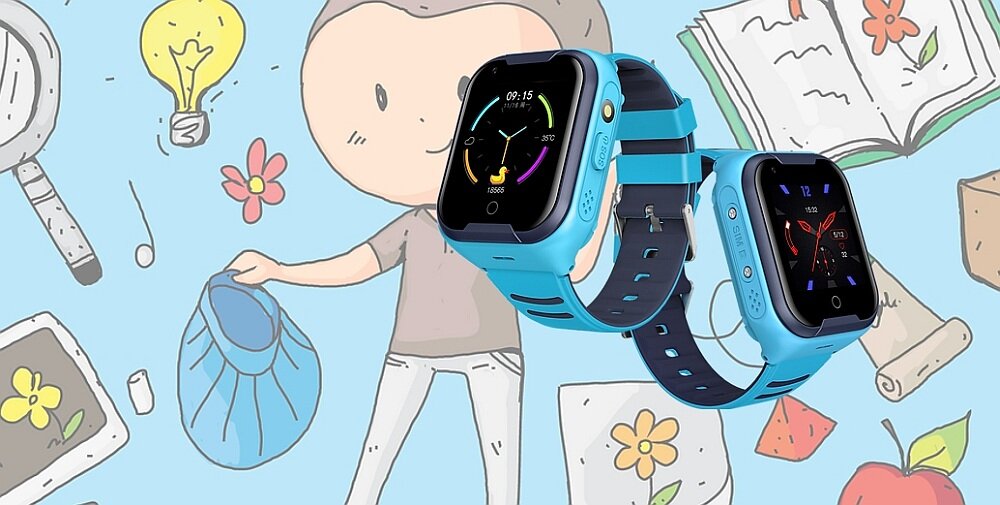 Na ilustracji widoczne są dwa niebieskie smartwatche z kolorowymi wyświetlaczami, umieszczone na tle rysunkowej postaci i różnych symboli, takich jak żarówka i kwiaty. Na jednym z wyświetlaczy widnieje godzina 09:15.