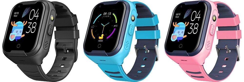 Trzy smartwatche w różnych kolorach: czarnym, niebieskim i różowym, z wyświetlaczami pokazującymi różne tarcze zegarka. Na różowym smartwatchu widoczny jest rysunek zwierzątka i godzina 04:38.