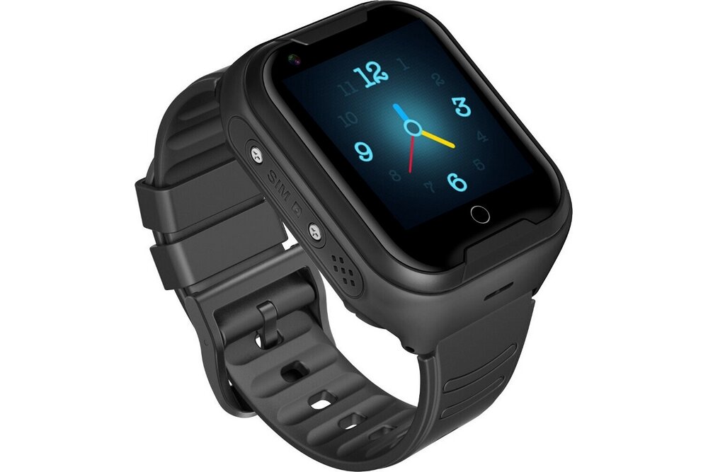 Czarny smartwatch z kolorowym wyświetlaczem pokazującym godzinę 12:10. Pasek zegarka jest wykonany z tworzywa sztucznego.