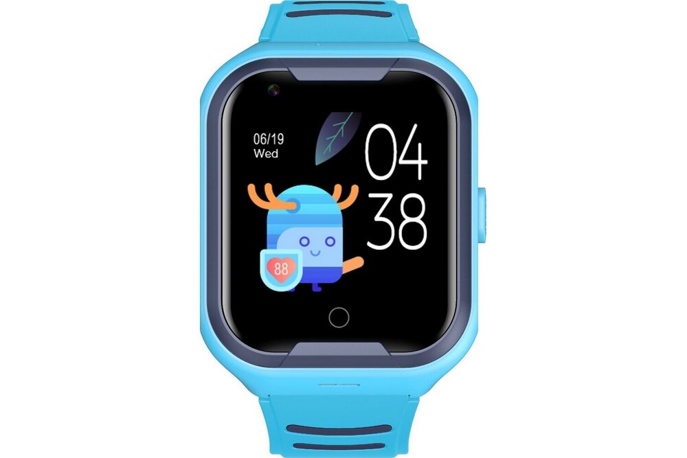 Smartwatch z niebieską obudową i paskiem, na ekranie widoczna jest godzina 04:38 oraz data 06/19 Wed. Na wyświetlaczu znajduje się także kolorowa grafika z postacią i symbolem liścia.