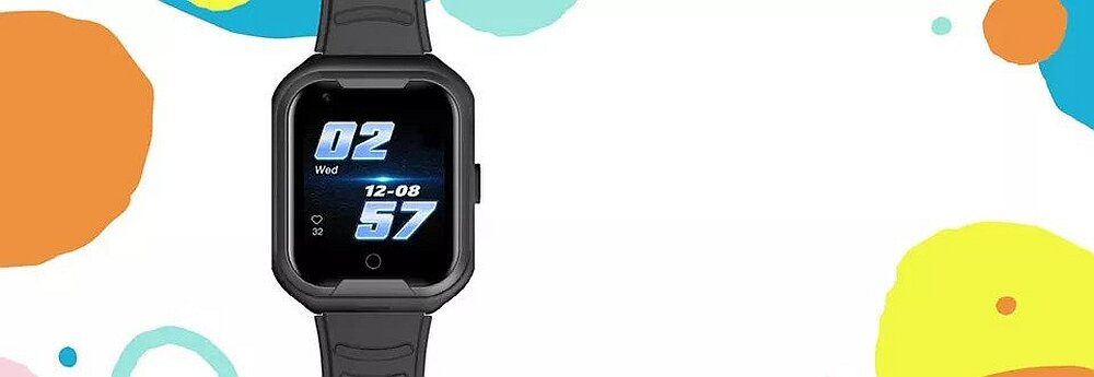 Na obrazie widoczny jest smartwatch z czarnym paskiem, wyświetlający godzinę 12:08 i datę \'Wed 02\'. Tło jest białe z kolorowymi, abstrakcyjnymi kształtami.